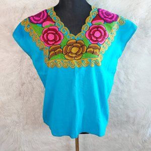 Studio Made Women's Blue Boho Floral Embroidery Blouse One size